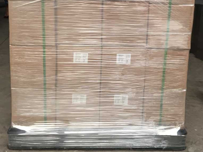 Cartons in pallet, with wrapping film & packing belt